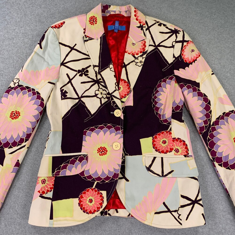 Escada Sport Blazer Jacket Japanese Floral Print Cotton Red Lining Size 38 - Picture 2 of 11